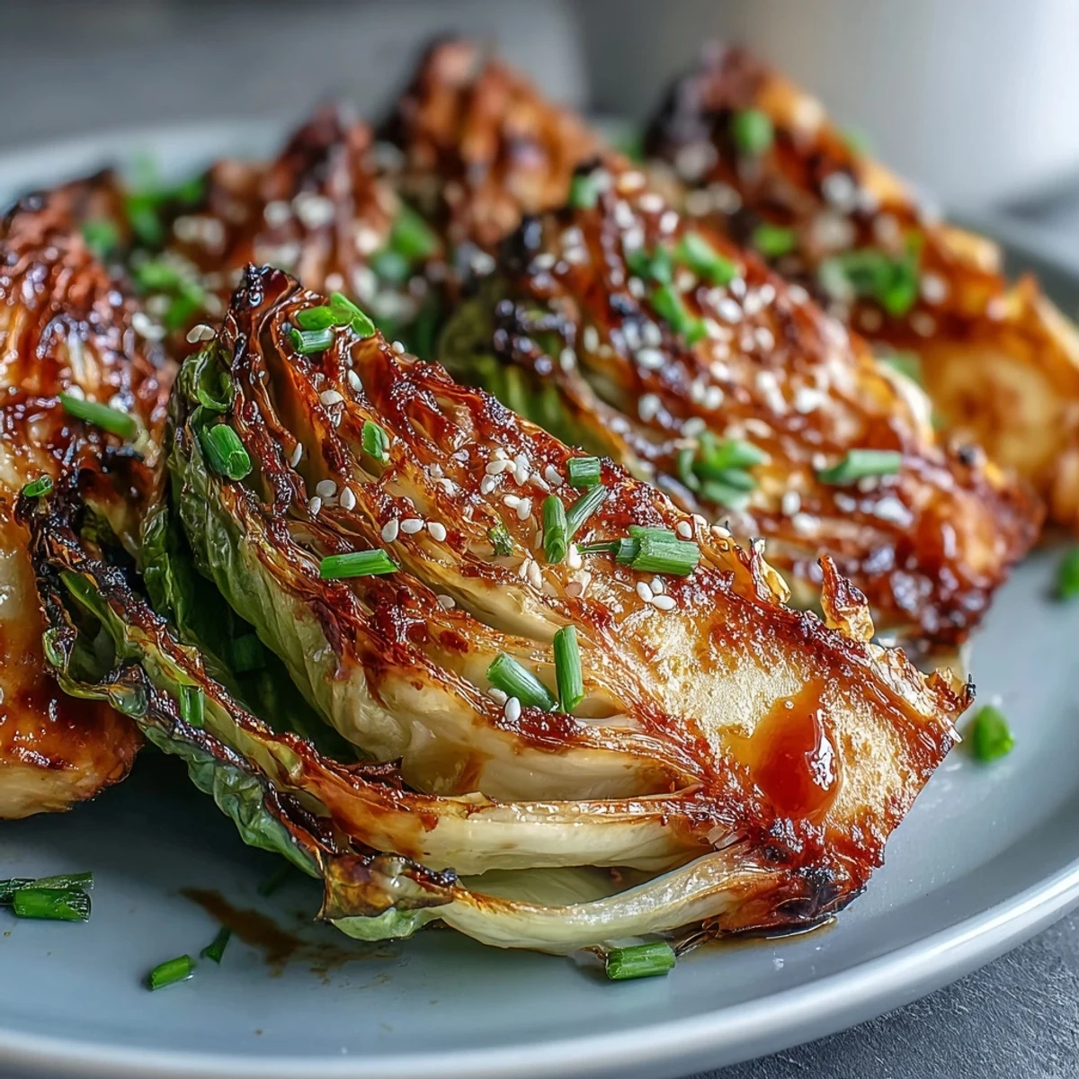 Roasted Miso Butter Roasted Cabbage Wedges served hot with toasted sesame seeds and sliced scallions.