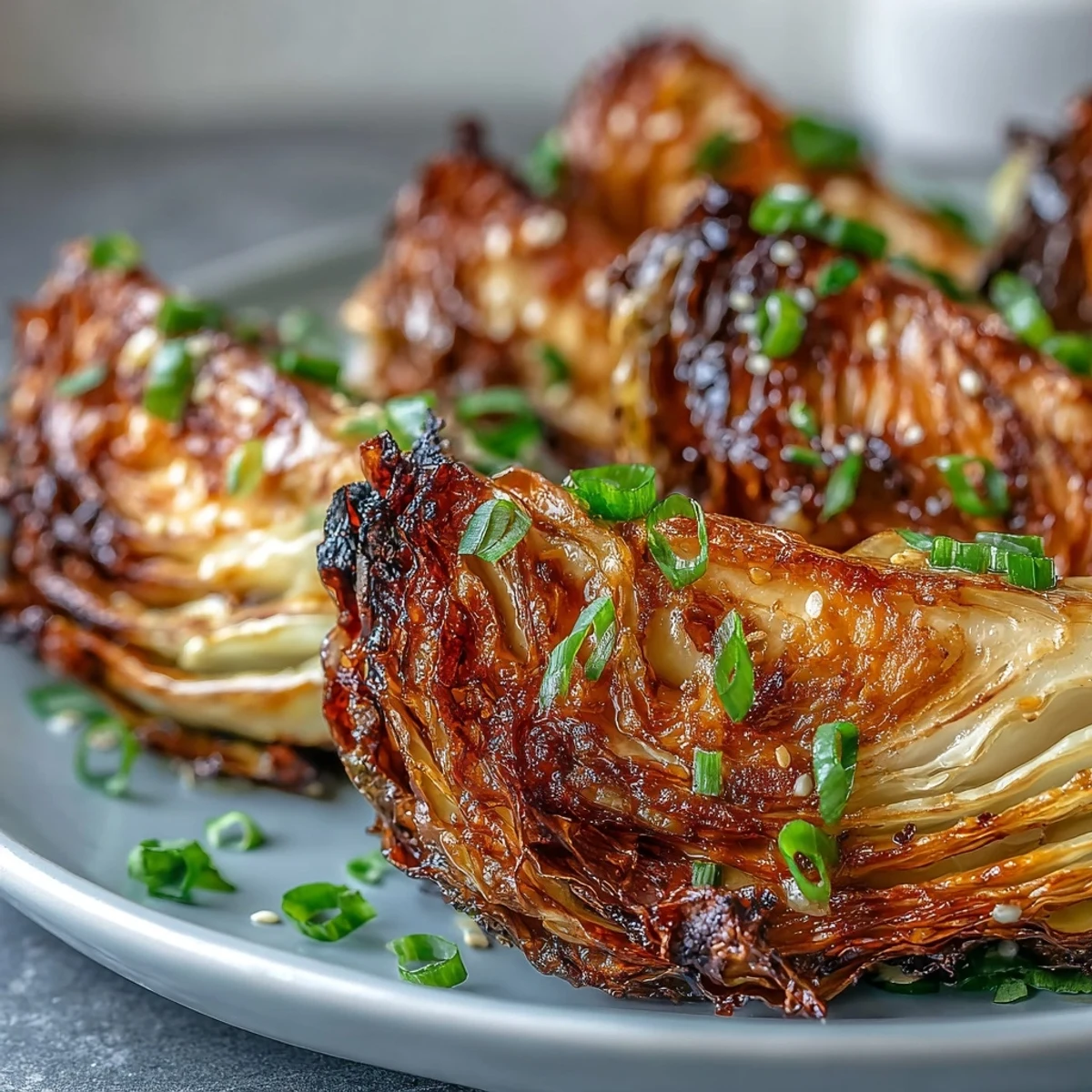 Golden brown Miso Butter Roasted Cabbage Wedges with crispy edges on a platter next to chopsticks.