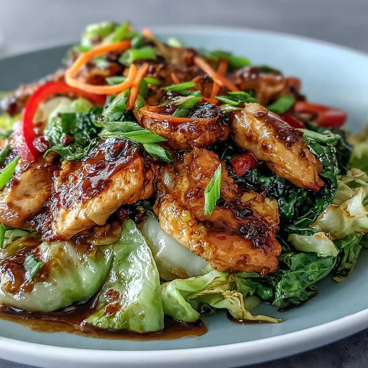 Juicy chicken and crisp cabbage in a savory umami sauce for an easy Chicken Cabbage Stir-Fry.