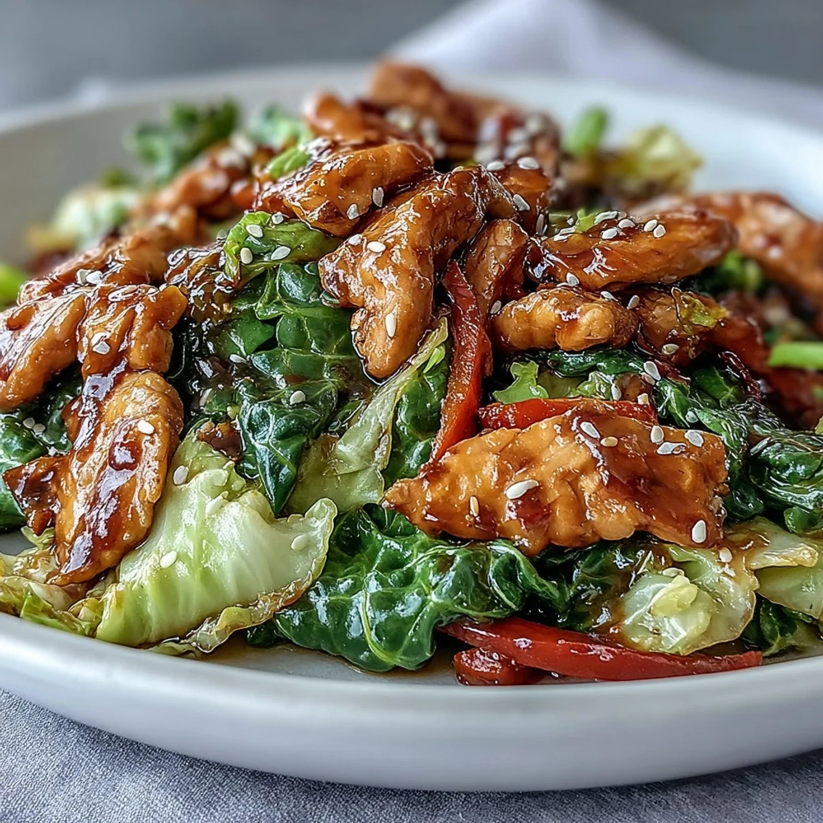 Glistening glazed Chicken Cabbage Stir-Fry with tender chicken, bell peppers, and scallions ready to serve.