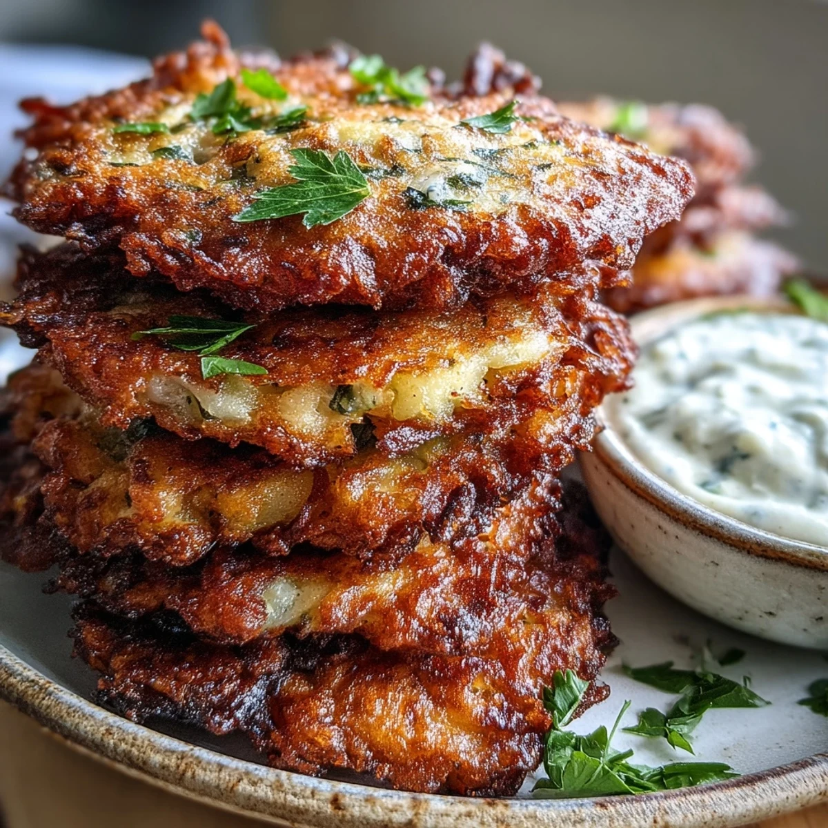 Golden-brown Cabbage Fritters with Dipping Sauce stacked on a white plate, garnished with fresh parsley.