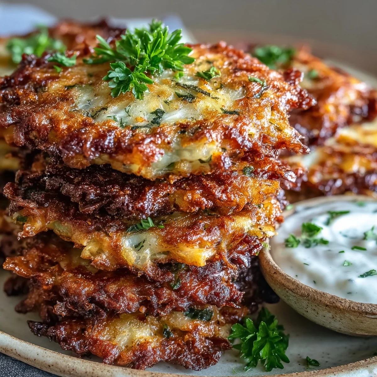 Homemade Cabbage Fritters with Dipping Sauce featuring shredded carrots and a creamy tangy yogurt sauce.