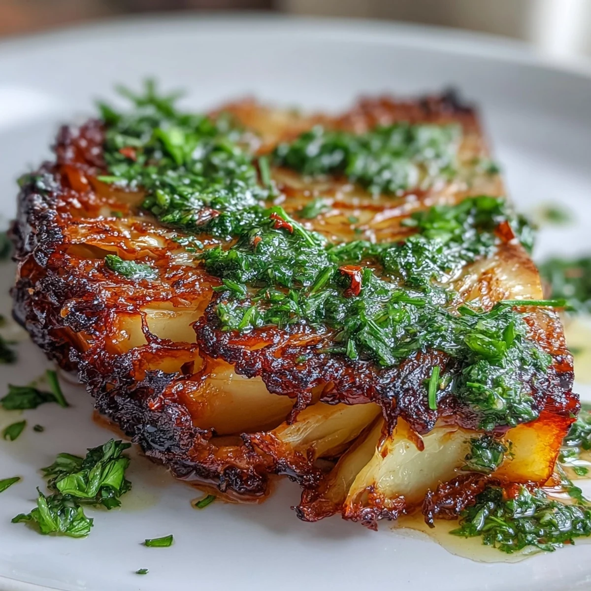 Vegan roasted cabbage steaks with herb-rich jalapeño chimichurri sauce, served hot for a bold main or side dish.
