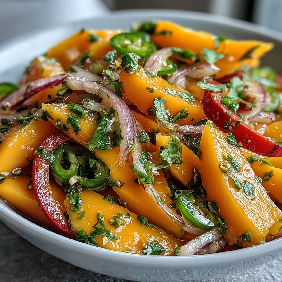 Refreshing Mango Salad with Lime Dressing shines in a wide white bowl, garnished with extra cilantro, ready for a vibrant lunch or light dinner.
