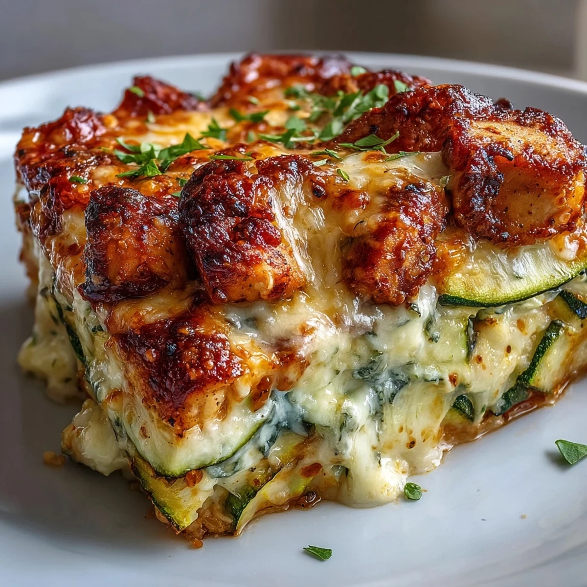 Fork-tender pieces of seared chicken breast layered with crisp zucchini slices, all bathed in a creamy Greek yogurt and egg blend inside the High Protein Chicken Zucchini Bake.