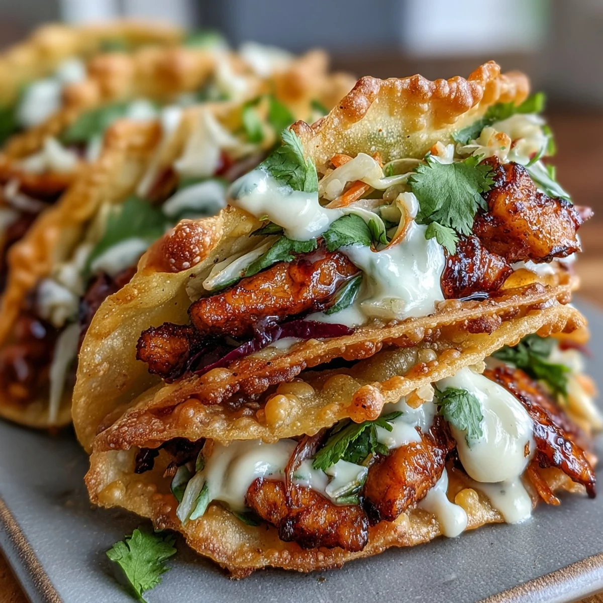 Golden wonton shells cradle spicy chicken and tangy slaw in these Crispy Chicken Wonton Tacos.