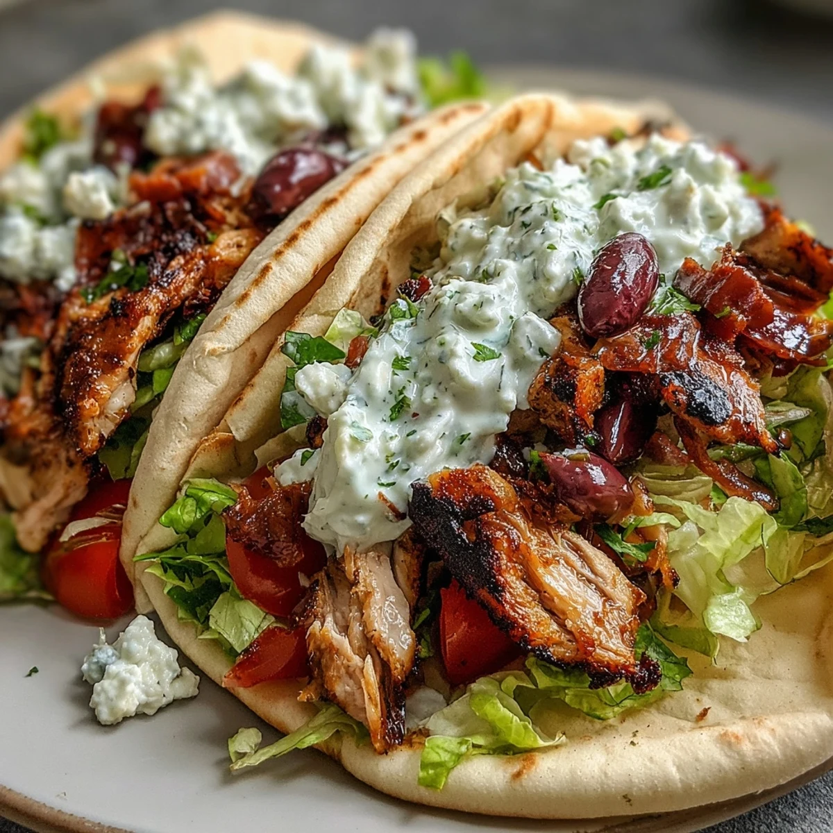 Freshly grilled Mediterranean Chicken Gyros topped with creamy feta tzatziki, red onion slices, and halved Kalamata olives.