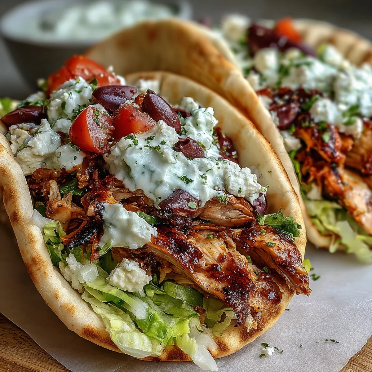 Golden-brown, sizzling Mediterranean Chicken Gyros are layered on a warm pita with crisp lettuce and fresh diced tomatoes.