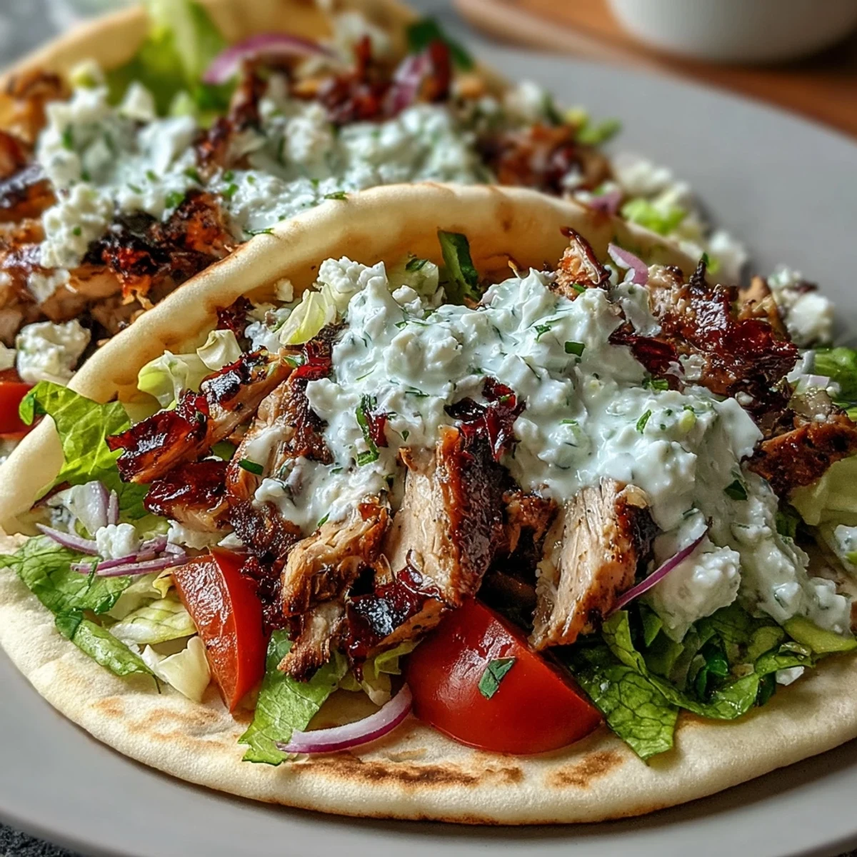 A handheld Mediterranean Chicken Gyros drizzled with creamy tzatziki, garnished with herbs, served with lemon wedges on the side.
