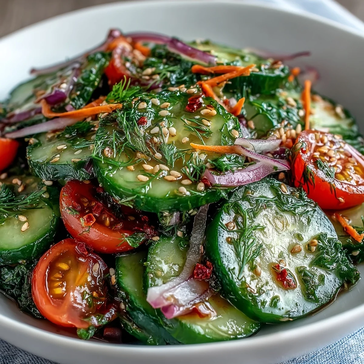 Bright, chilled Refreshing Crunchy Cucumber Salad with thinly sliced cucumbers and red onion tossed in a tangy vinegar dressing.