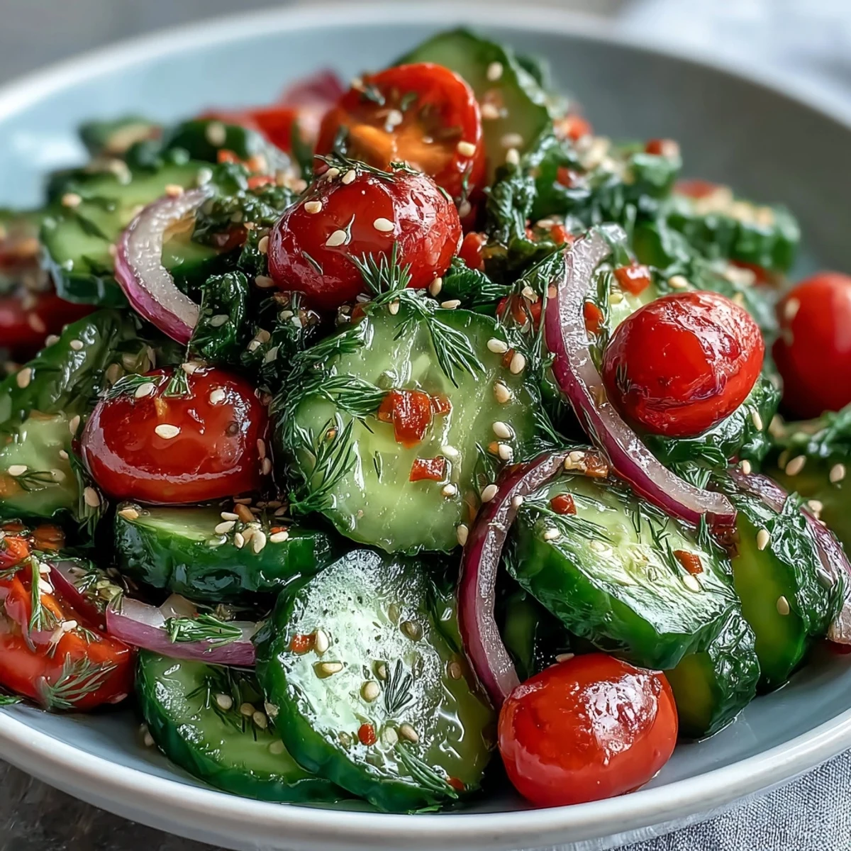 Easy summer side dish: Refreshing Crunchy Cucumber Salad plated beside grilled chicken, ready for a quick, light lunch.