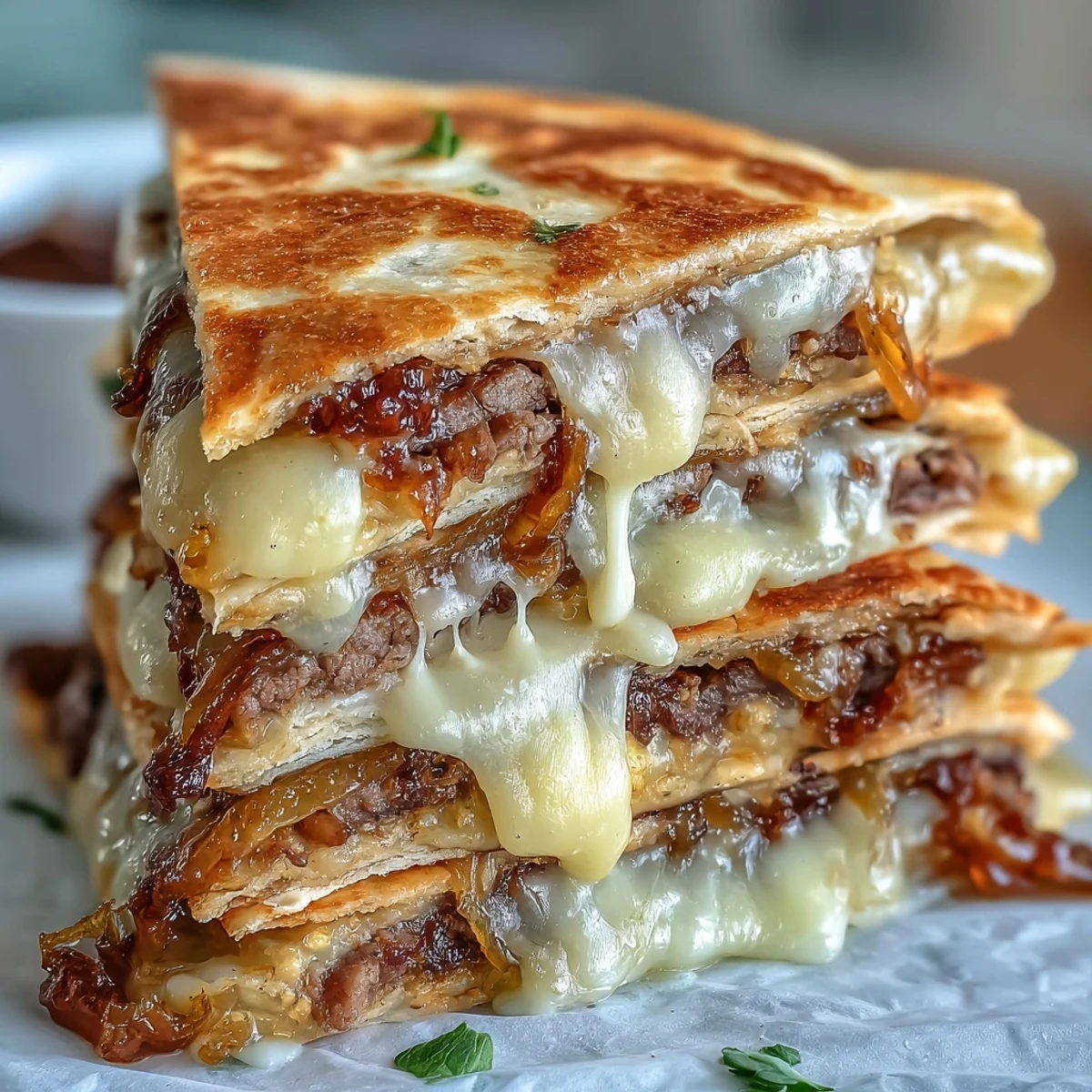 Golden, crispy Cheesy Griddled Smashburger Quesadilla wedges stuffed with melty cheddar and American cheese, smashed beef patties, and sweet onions.