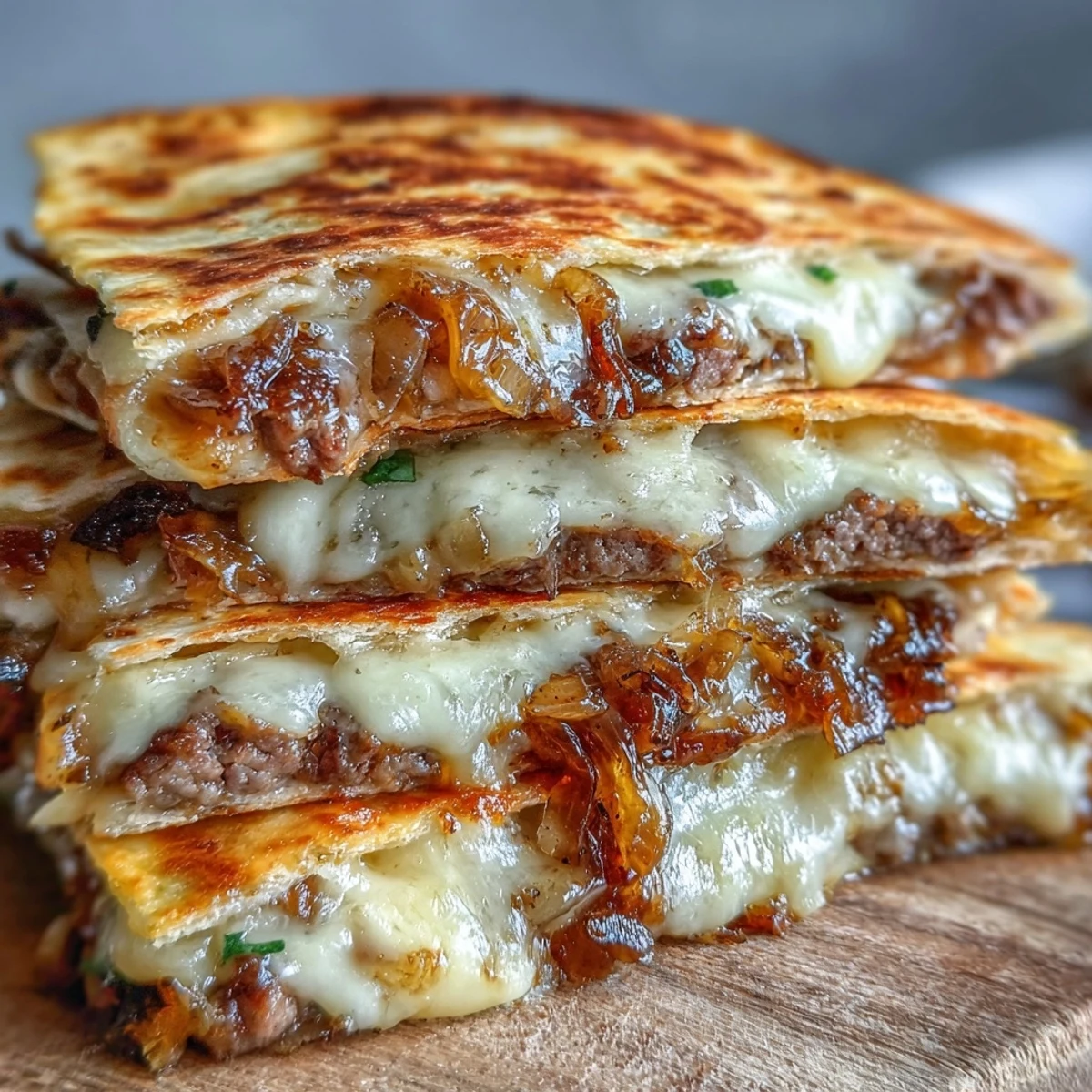 Thick-cut Cheesy Griddled Smashburger Quesadilla wedges garnished with chopped cilantro and sliced pickles on a rustic wooden cutting board.