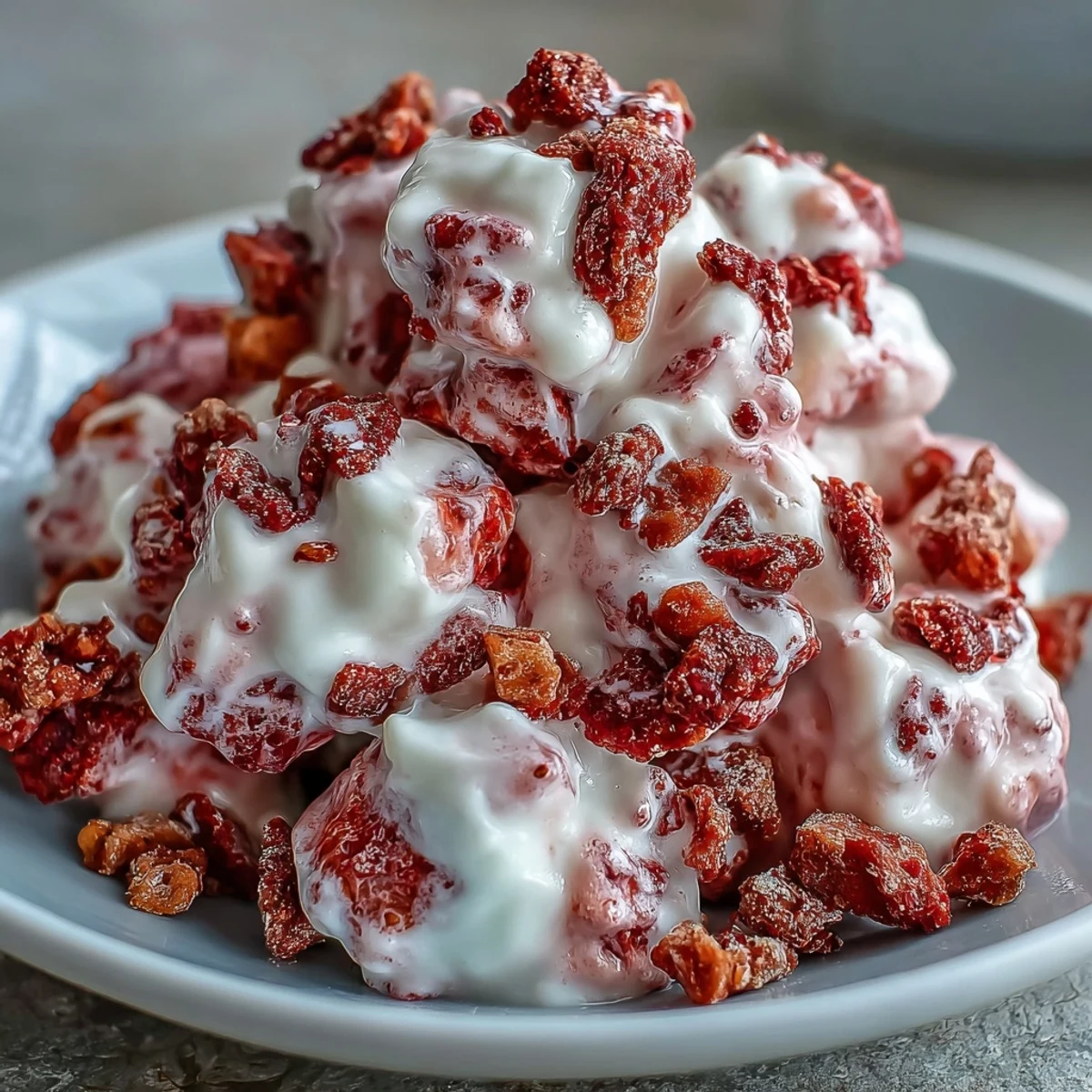 Frozen Strawberry & Banana Yogurt Clusters on a lined baking sheet, studded with crunchy freeze-dried fruit.