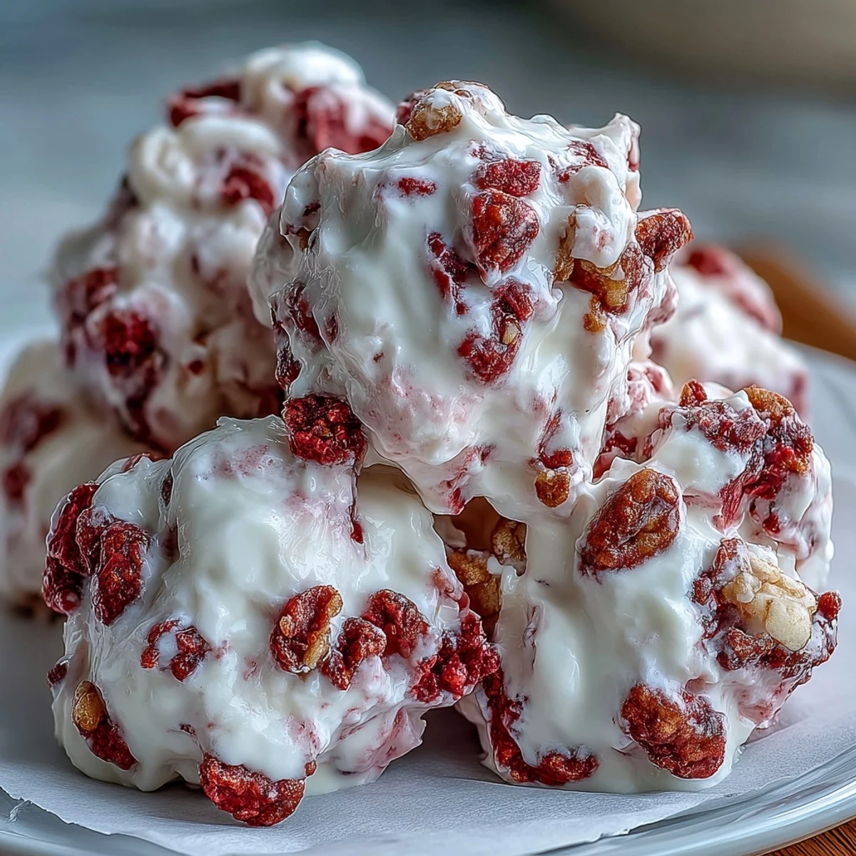 Homemade Strawberry & Banana Yogurt Clusters ready to serve, perfect for a refreshing frozen dessert snack.