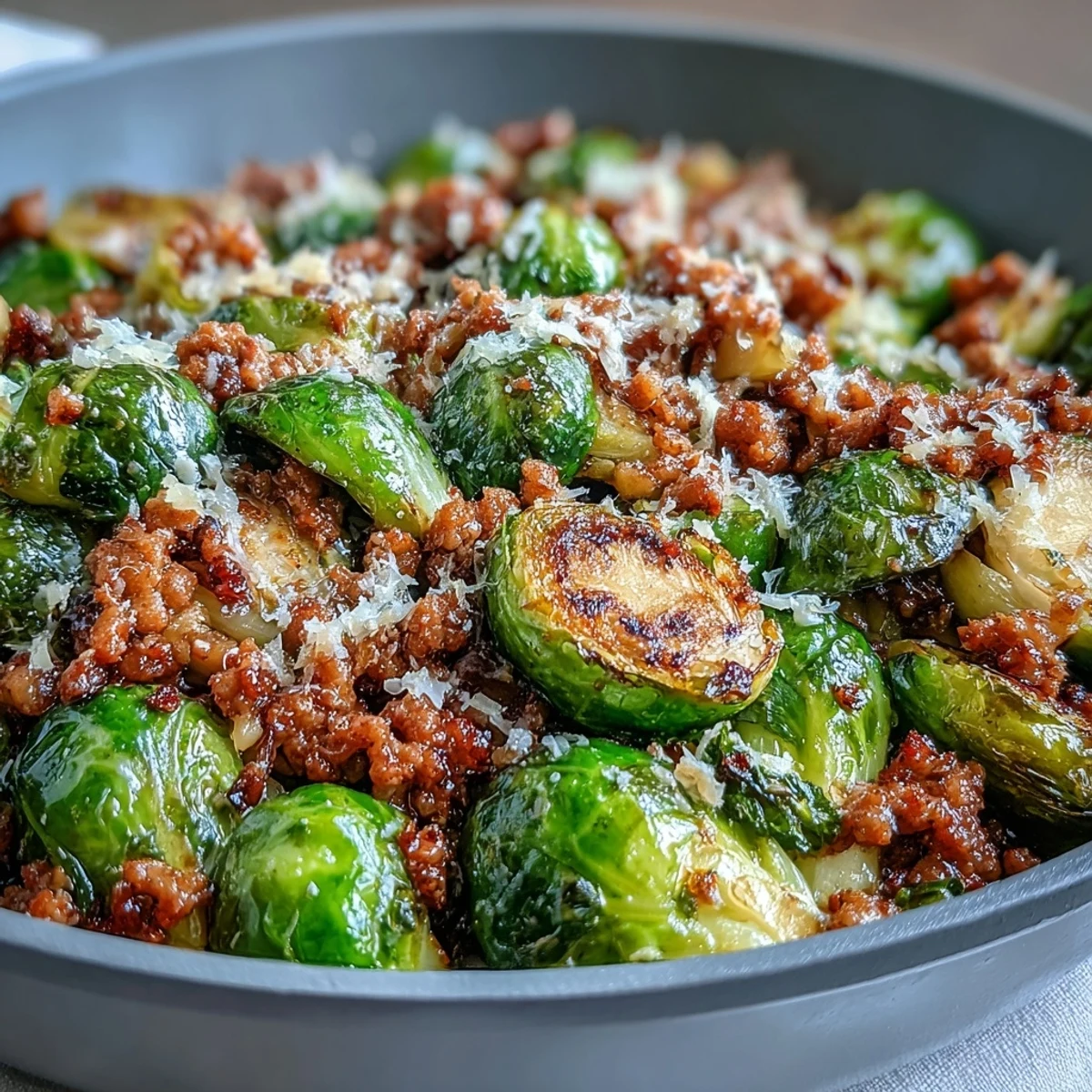 Golden-brown Brussels sprouts and savory ground turkey sizzle in a hot skillet, garnished with fresh parsley and grated Parmesan.