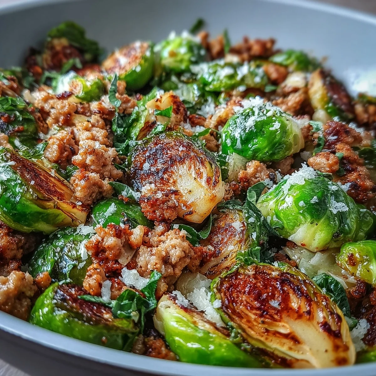 Tender Brussels sprouts and seasoned ground turkey combine in a hearty skillet, finished with a sprinkle of Parmesan for a wholesome dinner.