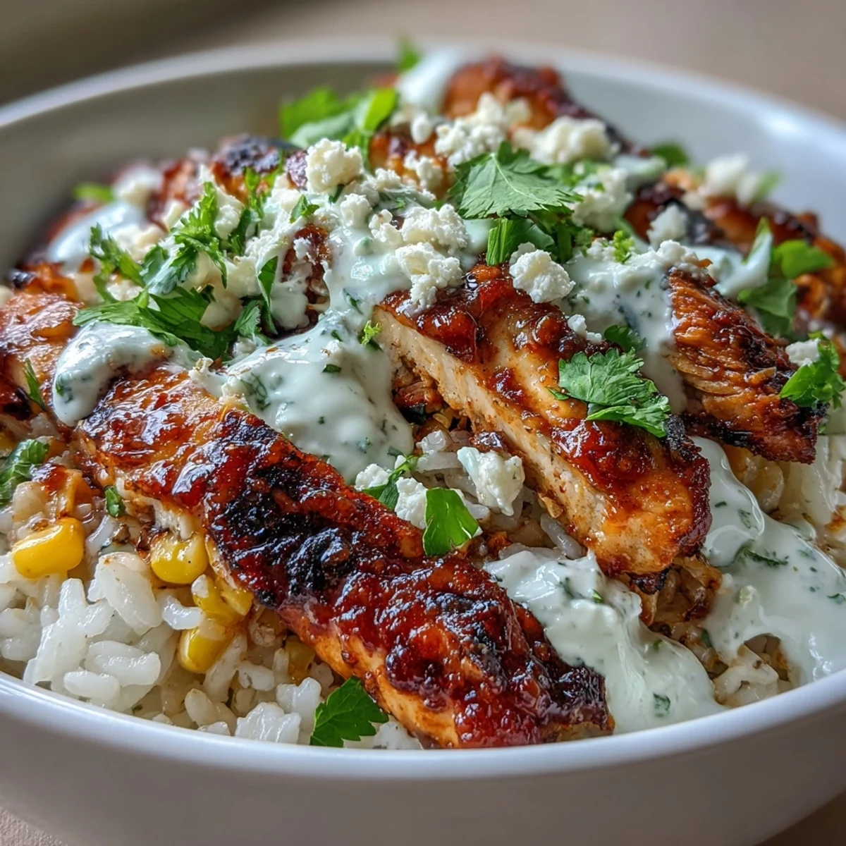 Bright citrus-marinated chicken thighs and charred corn top fluffy rice in these Street Corn Chicken and Rice Bowls, drizzled with zesty crema and crumbled cotija.