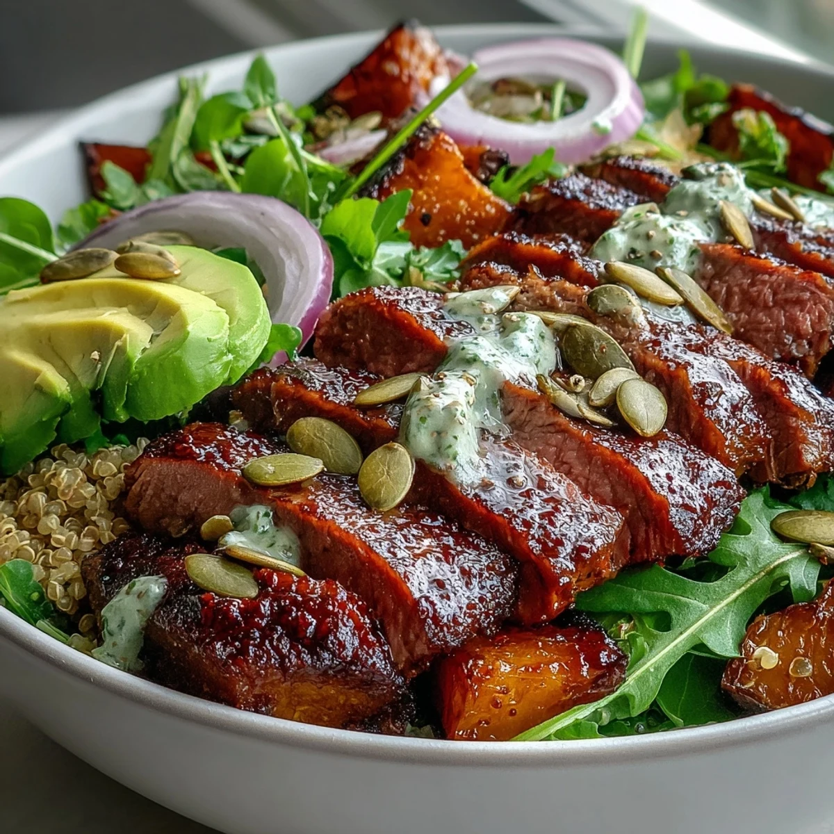 Crispy roasted butternut squash steak bowls with fluffy quinoa, creamy avocado, and a zesty lime-cilantro drizzle.