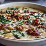 Creamy Tuscan White Bean Soup With Sausage steaming in a rustic bowl, topped with Parmesan and wilted spinach, alongside crusty bread for dipping.