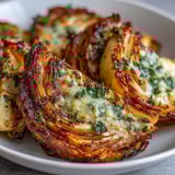 Tender Roasted Garlic Parmesan Cabbage Wedges roasted until caramelized, paired with grilled chicken on a rustic plate.