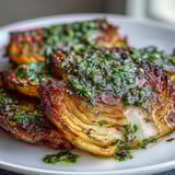 Golden, crispy cabbage steaks topped with zesty jalapeño chimichurri, ready to serve alongside a hearty grain bowl.