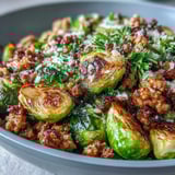 Freshly squeezed lemon juice brightens this one-pan Brussels Sprouts & Ground Turkey Skillet, served alongside garlic bread for a complete meal.