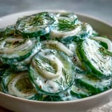 A refreshing cucumber salad tossed in creamy dill dressing, garnished with red onion for extra flavor and crunch.  