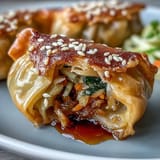 Pan-fried dumplings filled with seasoned cabbage and carrot, crispy bottoms with tender steamed tops.  