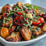 Vibrant summer panzanella with grilled bread, fresh tomatoes, and basil.