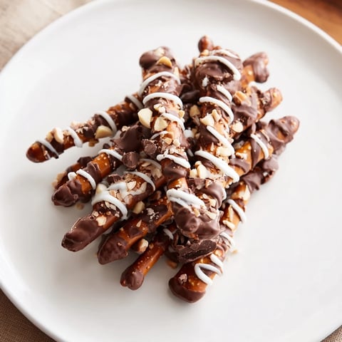 Golden, chocolate-drizzled Chocolate Covered Pretzel Stick Stacks, perfect for snacking and quick dessert enjoyment.