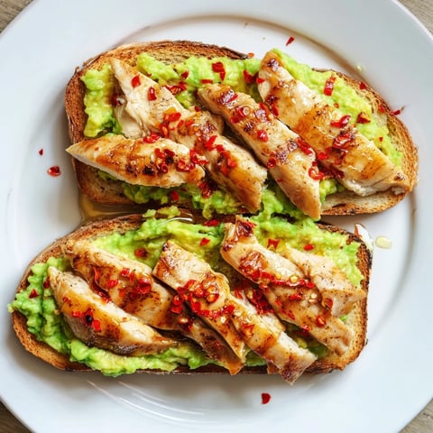 Golden grilled chicken slices layered over creamy smashed avocado on toasted sourdough, finished with chili flakes and honey.