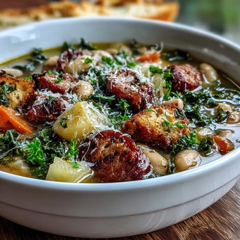 A rustic bowl of Tuscan White Bean Sausage Soup featuring crumbled sausage, creamy cannellini beans, and vibrant kale.