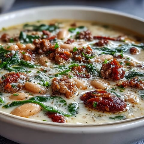Creamy Tuscan White Bean Soup With Sausage steaming in a rustic bowl, topped with Parmesan and wilted spinach, alongside crusty bread for dipping.