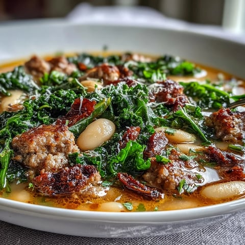 Italian White Bean Soup with Kale and Sausage steaming in a rustic bowl, topped with Parmesan and a drizzle of olive oil.