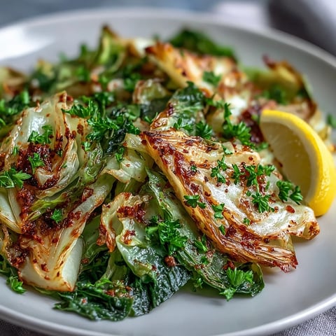 Golden sautéed cabbage with garlic and Mediterranean spices glistening in a skillet, served hot with fresh parsley and lemon wedges.