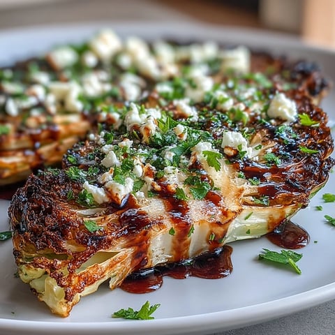 Four golden cabbage steaks roasted to crispy-edged perfection, topped with creamy feta, fresh parsley, and a drizzle of balsamic glaze on a baking sheet.