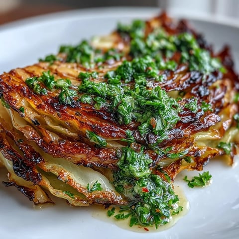 Roasted cabbage steaks with jalapeño chimichurri on a rustic plate, finished with a vibrant green drizzle.