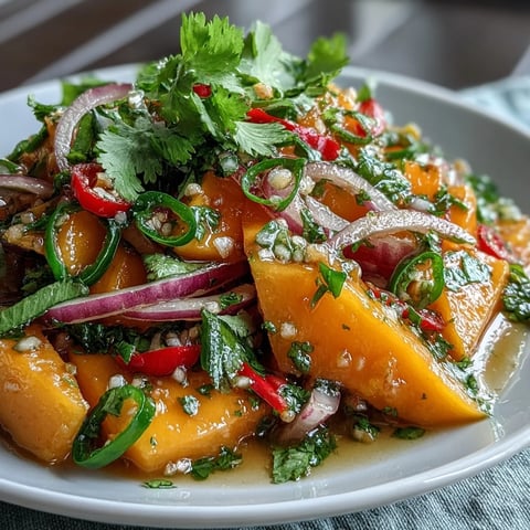 Bright strips of ripe mango, red bell pepper, and cucumber are tossed with red onion in a tangy lime-honey dressing, flecked with cilantro and chilies for a gentle kick.