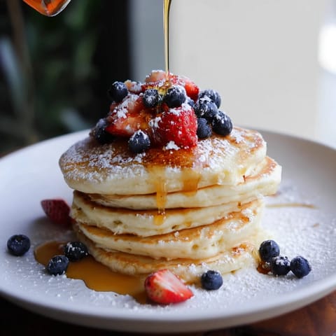 Fluffy ricotta pancakes, perfectly browned and topped with fresh berries, ideal for a bright brunch.
