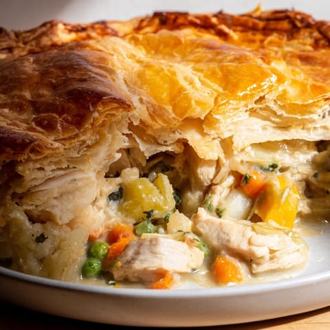 Steaming Laurel & Herb Chicken Pot Pie, showcasing a rustic, golden crust and tender chicken pieces.