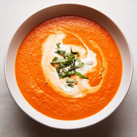 A heartwarming bowl of creamy Whisked Weeknight Tomato and Basil Soup, garnished with fresh basil.