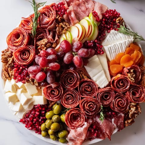 Holiday charcuterie board details a stunning meat rose bouquet and accompaniments perfect to share.