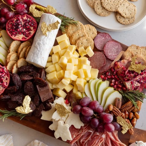 This festive Twelve Days of Christmas snack board showcases brie, crackers, fruits, and delightful, seasonal elements.