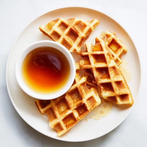 Crispy waffle quarters sit beside a bowl of maple syrup, ready to be dipped and enjoyed.