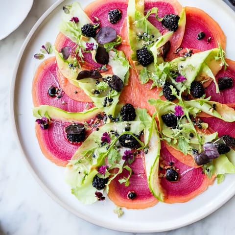 The Shadow Play: An artistic plate of golden beets, arugula, and blackberries, a sophisticated appetizer example.