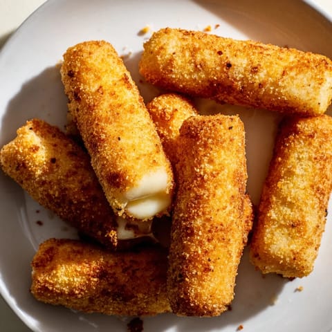 Close-up of perfectly golden air fryer mozzarella sticks served with warm marinara sauce, so delicious!
