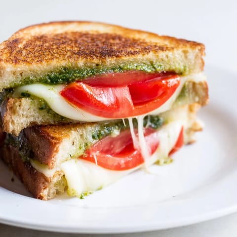 A toasted Caprese Pesto Grilled Cheese on sourdough showcases fragrant basil pesto, creamy mozzarella, and vibrant red tomato slices.