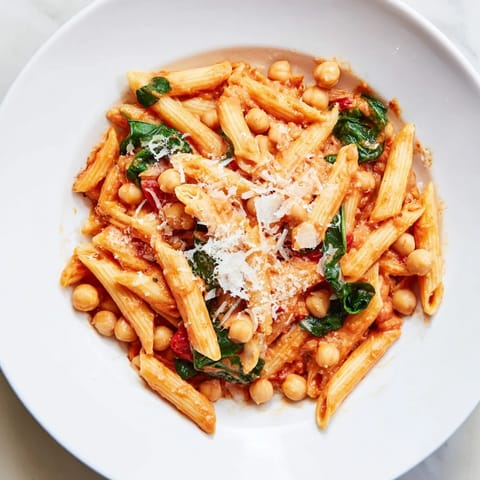Hearty and colorful bowl of Creamy Tuscan Chickpea Pasta, garnished with fresh basil and a sprinkle of Parmesan, ready for a comforting dinner.