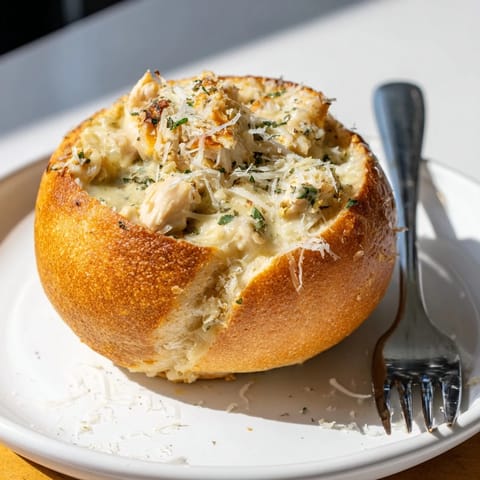 Hearty Chicken Alfredo Bread Bowl served hot, with a golden crust and rich, velvety sauce.  